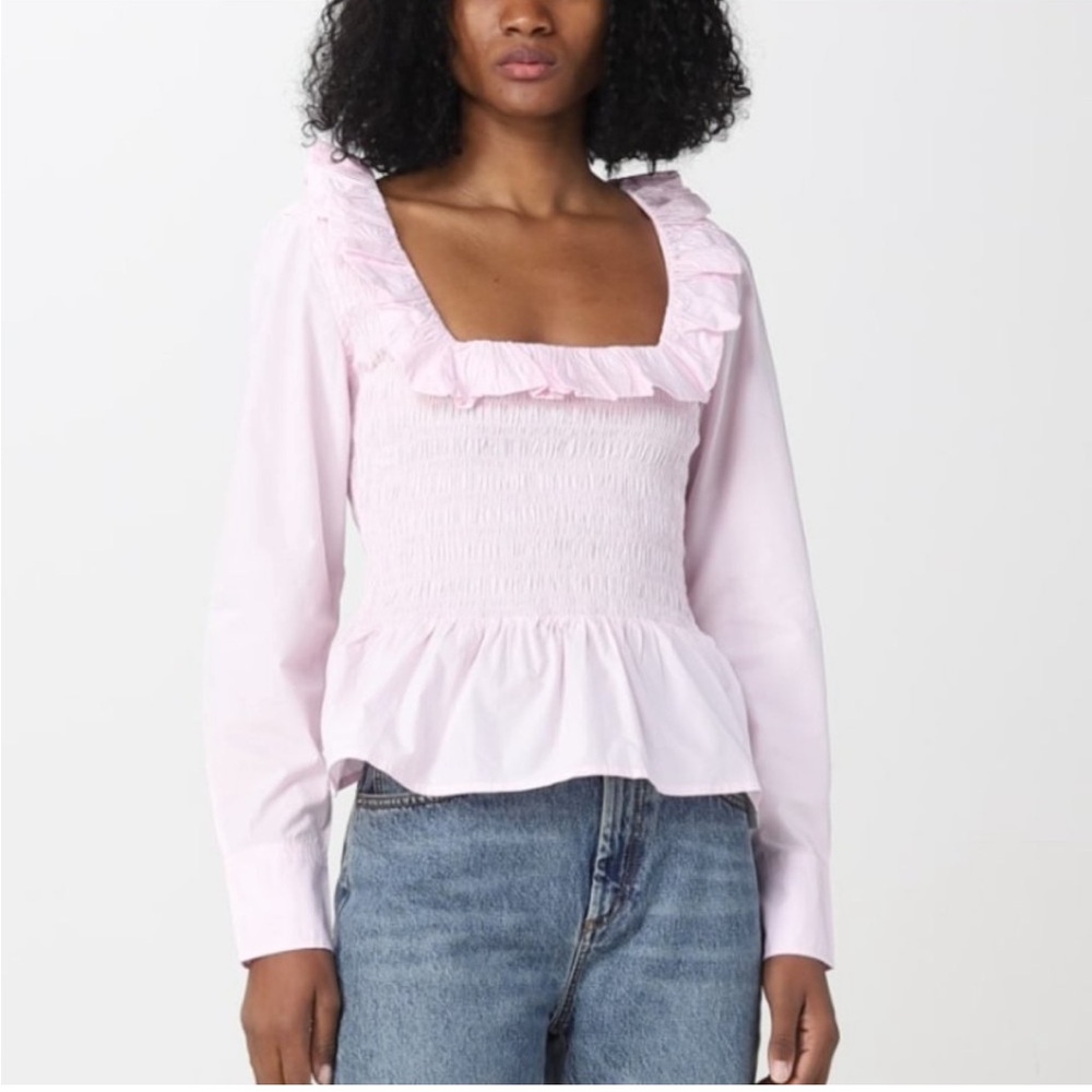 NWOT GANNI‎ Cotton Poplin Open-neck Smocked Blouse in Lilac